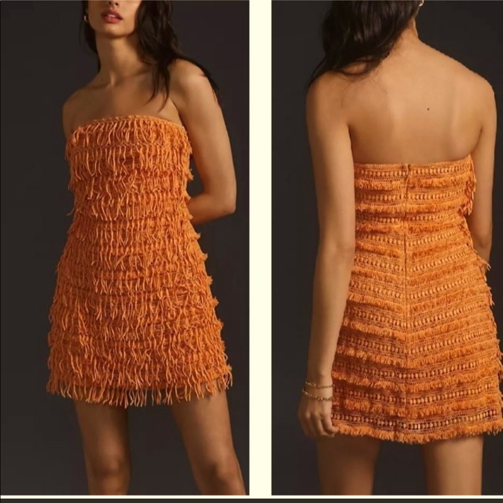 Anthropologie Orange Textured Strapless Dress